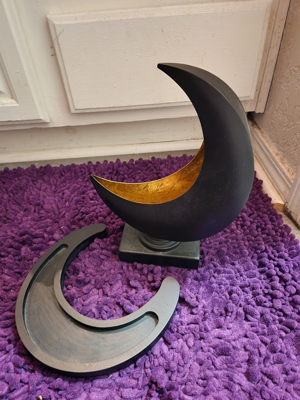 Decorative Black  Crescent Moon Sculpture & Wood Moon Shape Tray.Home Art Accent